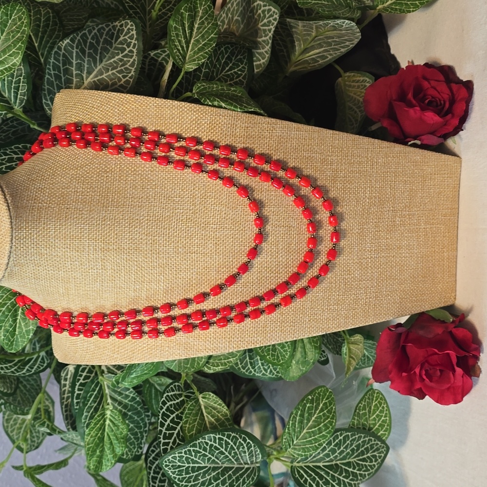 Red Glass Beaded Multistrand Necklace, Vintage